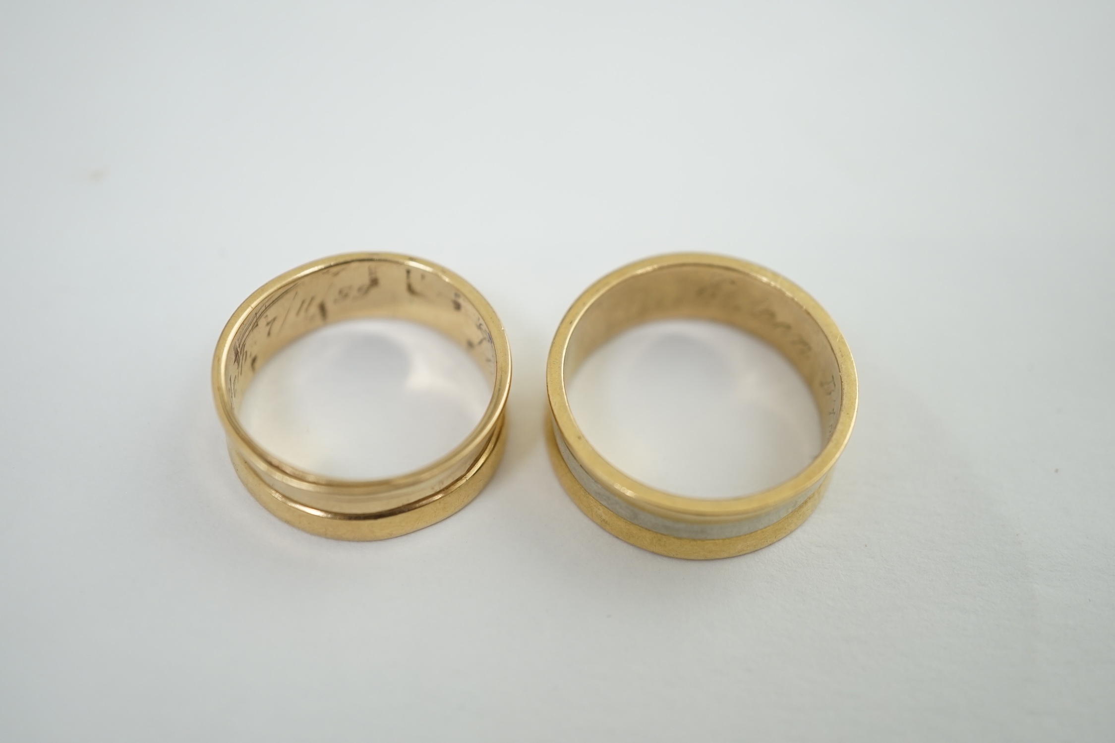 A lady's and gentleman's gold wedding bands, the latter with central white gold band